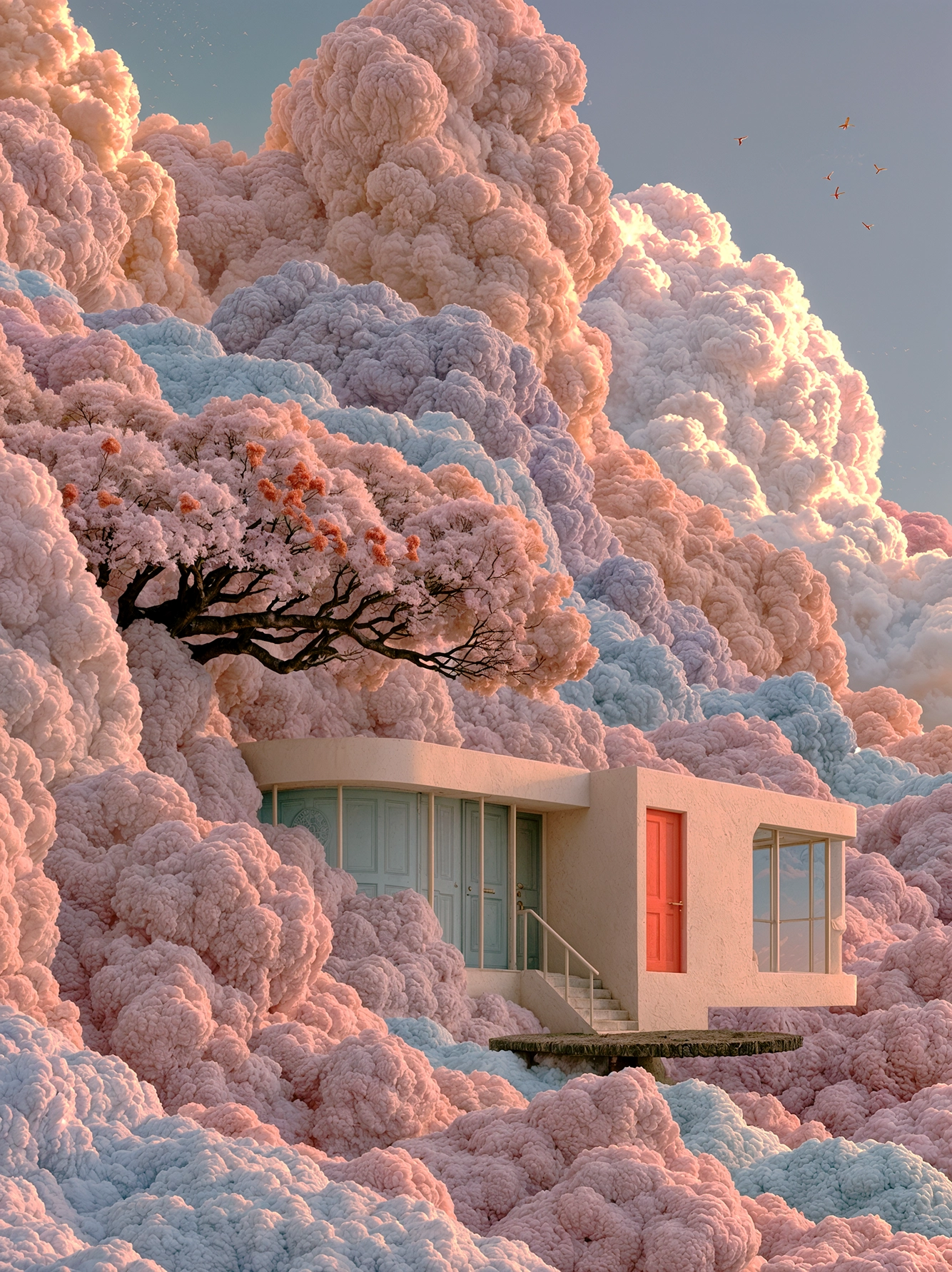 La Maison des Nuages Roses — habitation moderniste isolée dans des formations nuageuses pastel, art mural premium