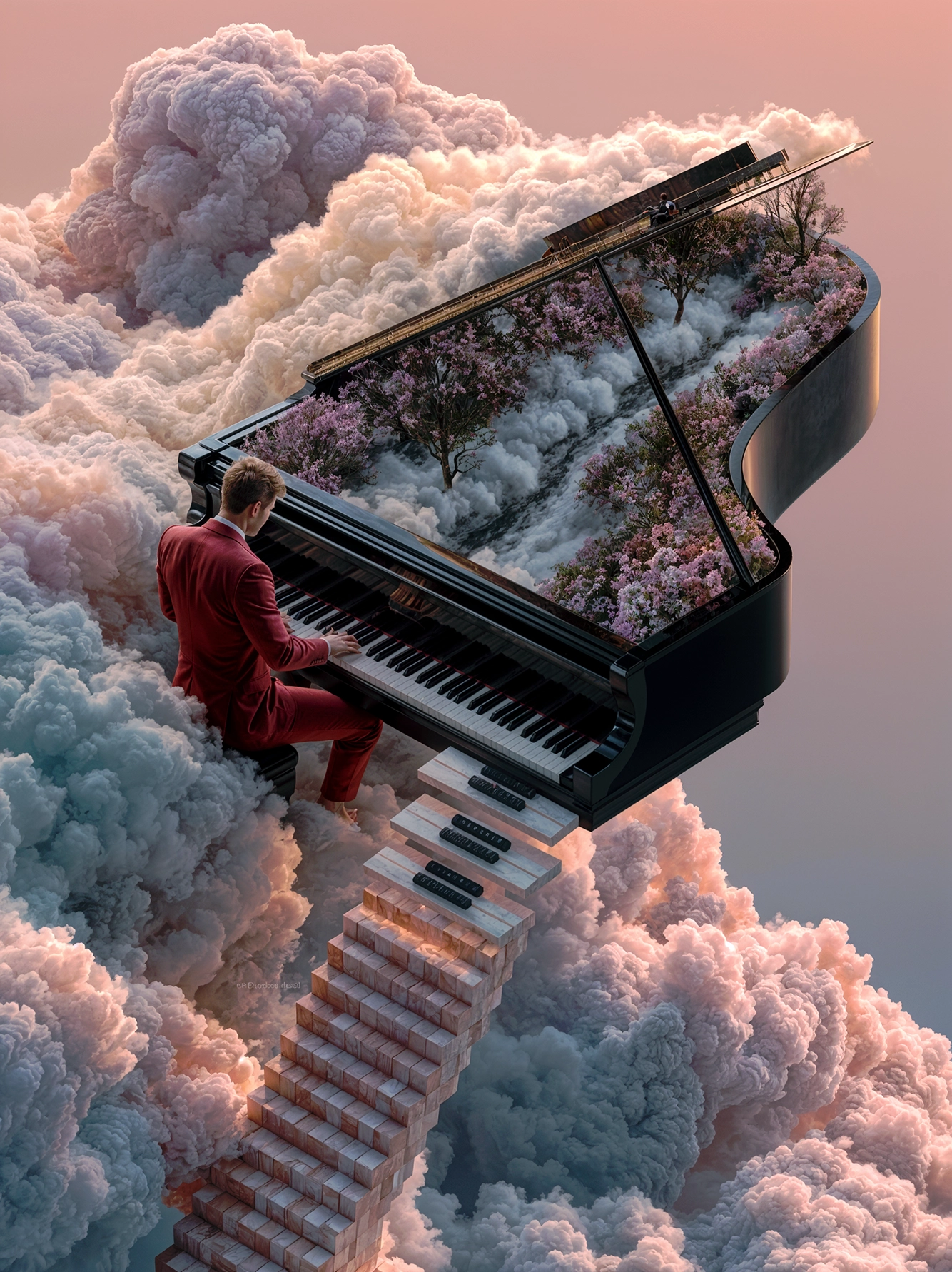 La Sonate des Nuages — pianiste en rouge jouant sur un piano suspendu au-dessus d'une mer de nuages roses, art mural premium