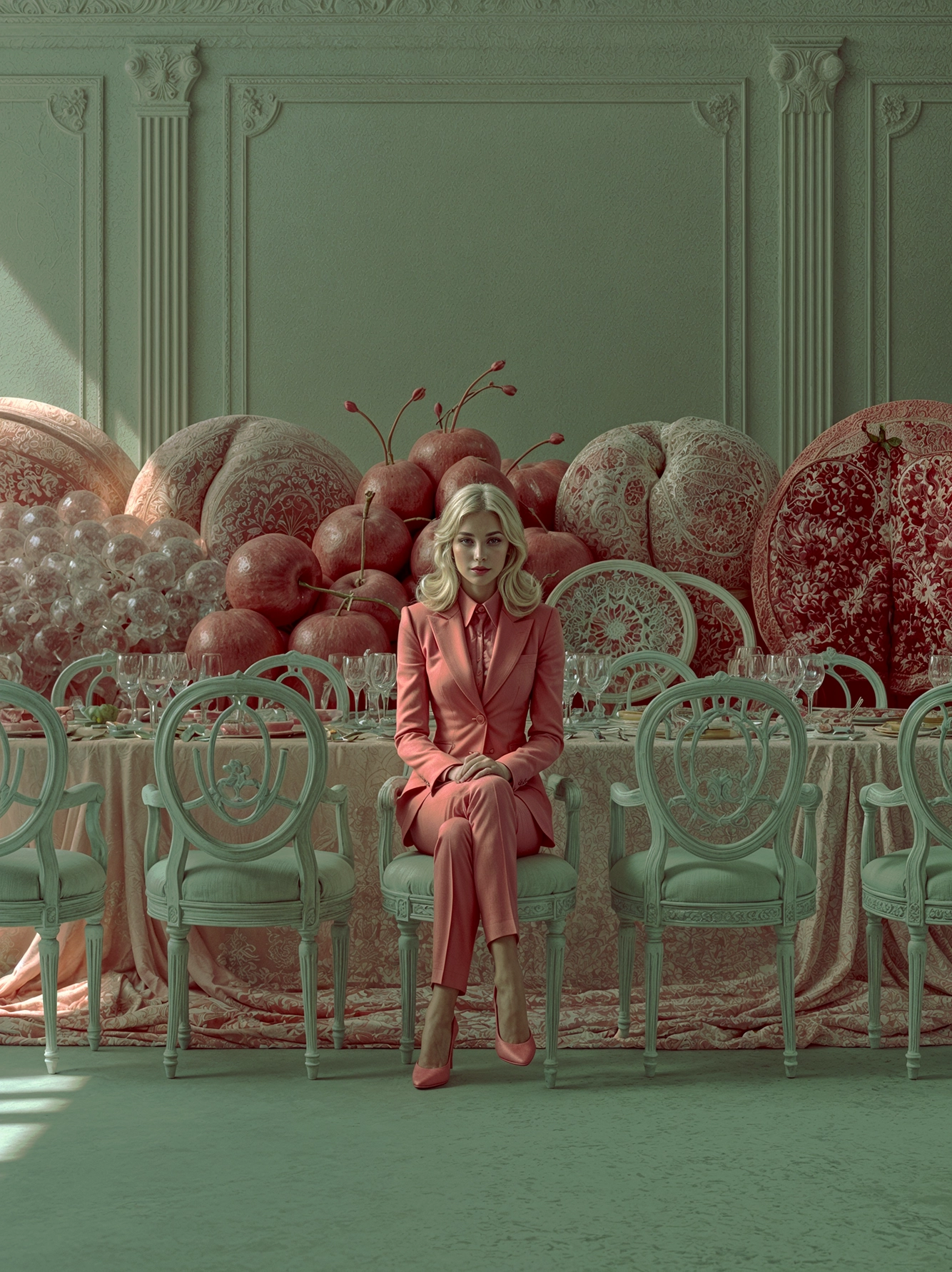 Le Banquet des Cerises — scène surréaliste mêlant mode contemporaine, décor classique et fruits monumentaux, art mural premium