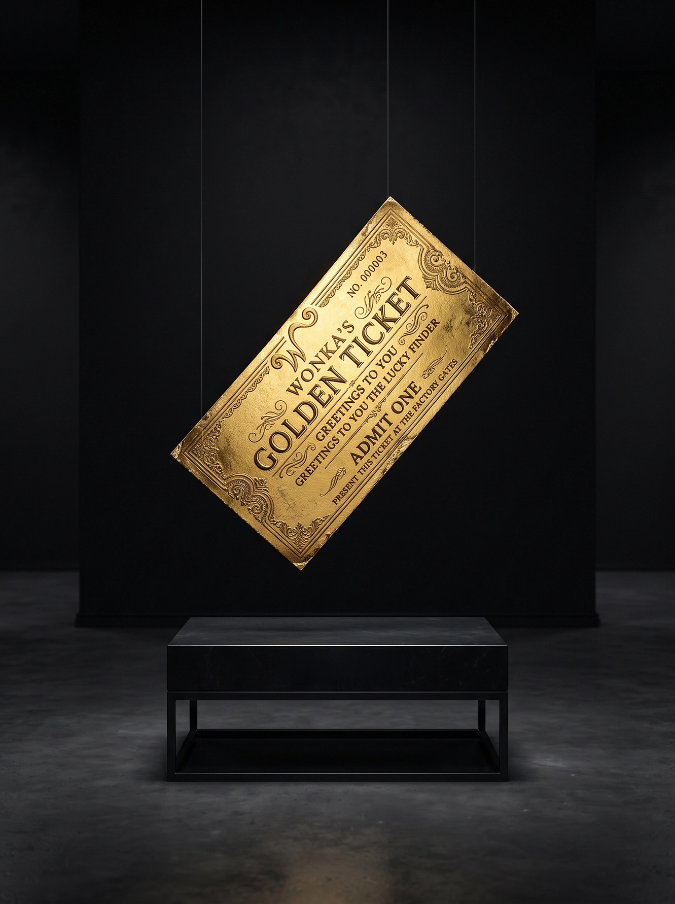 Billet d'or suspendu au-dessus d'un socle noir dans une galerie contemporaine, photographie Fine Art inspirée d'un objet iconique du cinéma fantastique.
