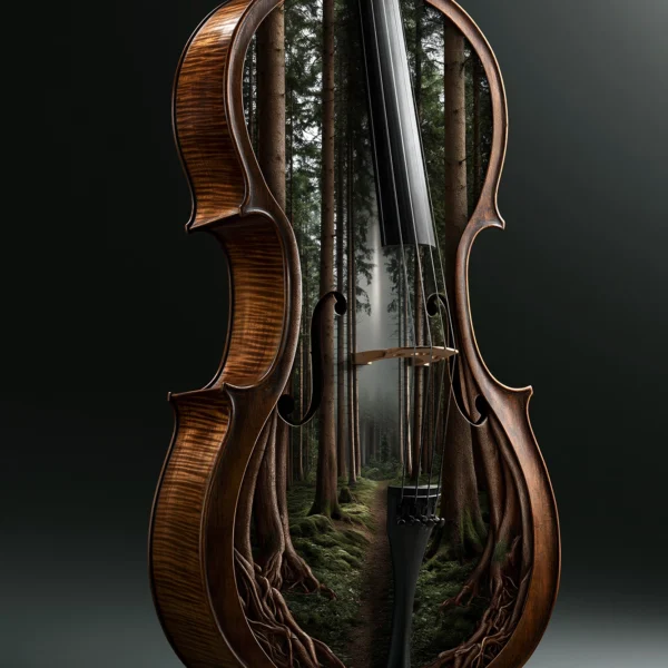 Le Chant des Racines — violoncelle ancien s'ouvrant sur des arbres et racines monumentales, art mural premium