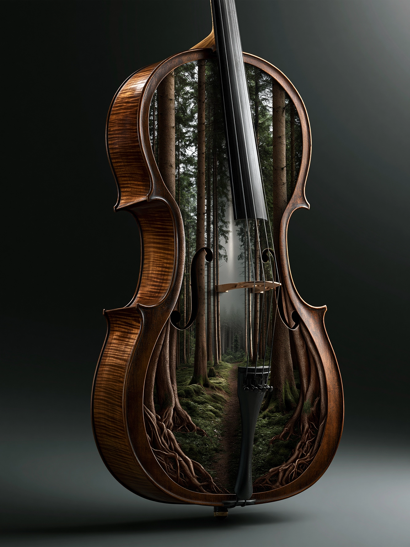 Le Chant des Racines — violoncelle ancien s'ouvrant sur des arbres et racines monumentales, art mural premium