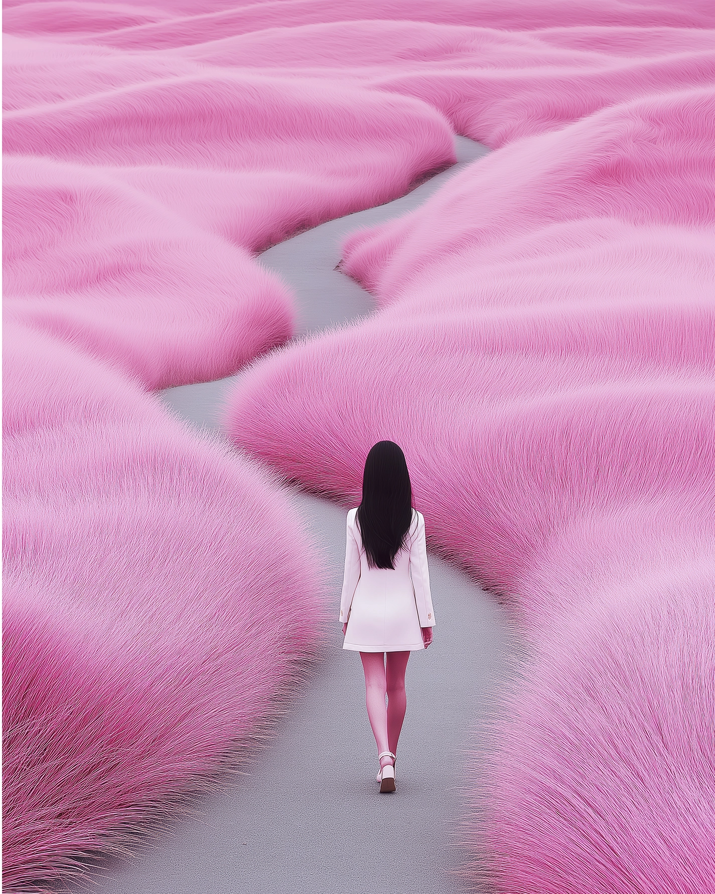 Le Chemin Rose — femme avançant sur un sentier dans un paysage de végétation rose, art mural premium