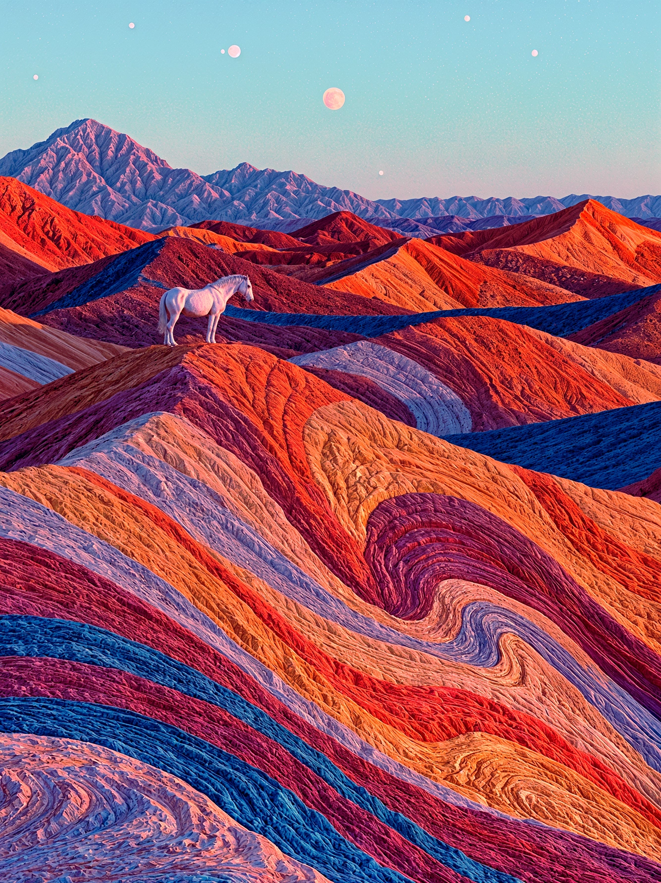 Le Cheval des Dunes Chromatiques — cheval blanc solitaire dans un désert aux reliefs rouges, orange et violets, art mural premium