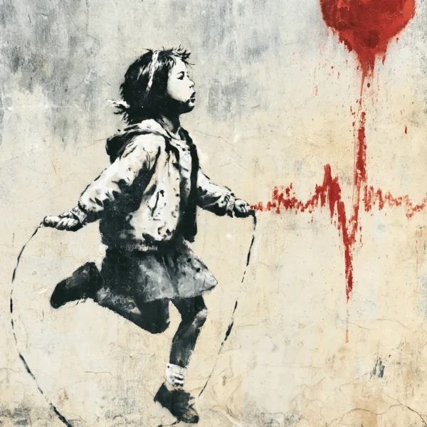 Le Cœur Bat Encore, tableau style Banksy représentant une enfant sautant à la corde devant un battement de cœur rouge peint sur un mur en style street art au pochoir.