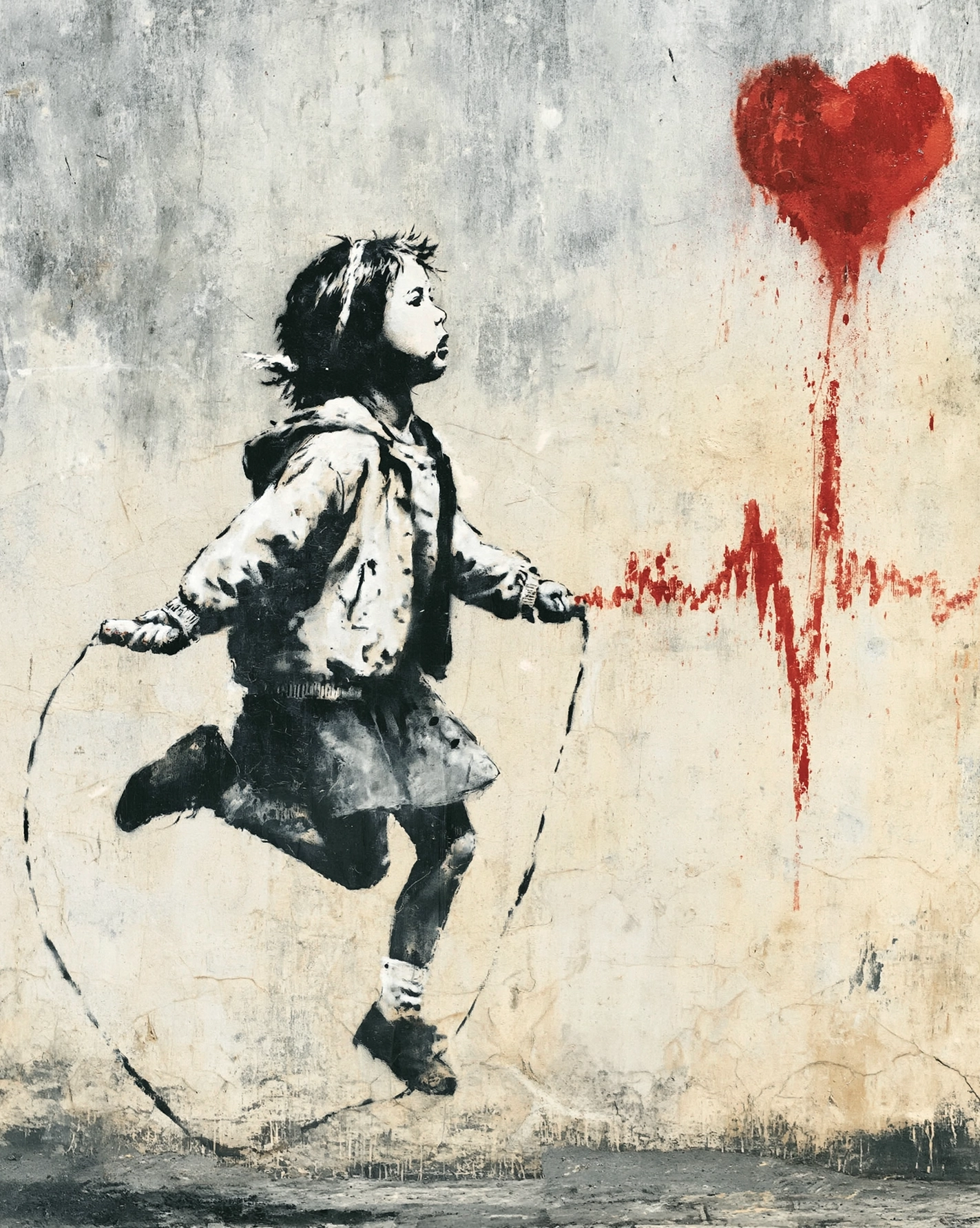Le Cœur Bat Encore, tableau style Banksy représentant une enfant sautant à la corde devant un battement de cœur rouge peint sur un mur en style street art au pochoir.