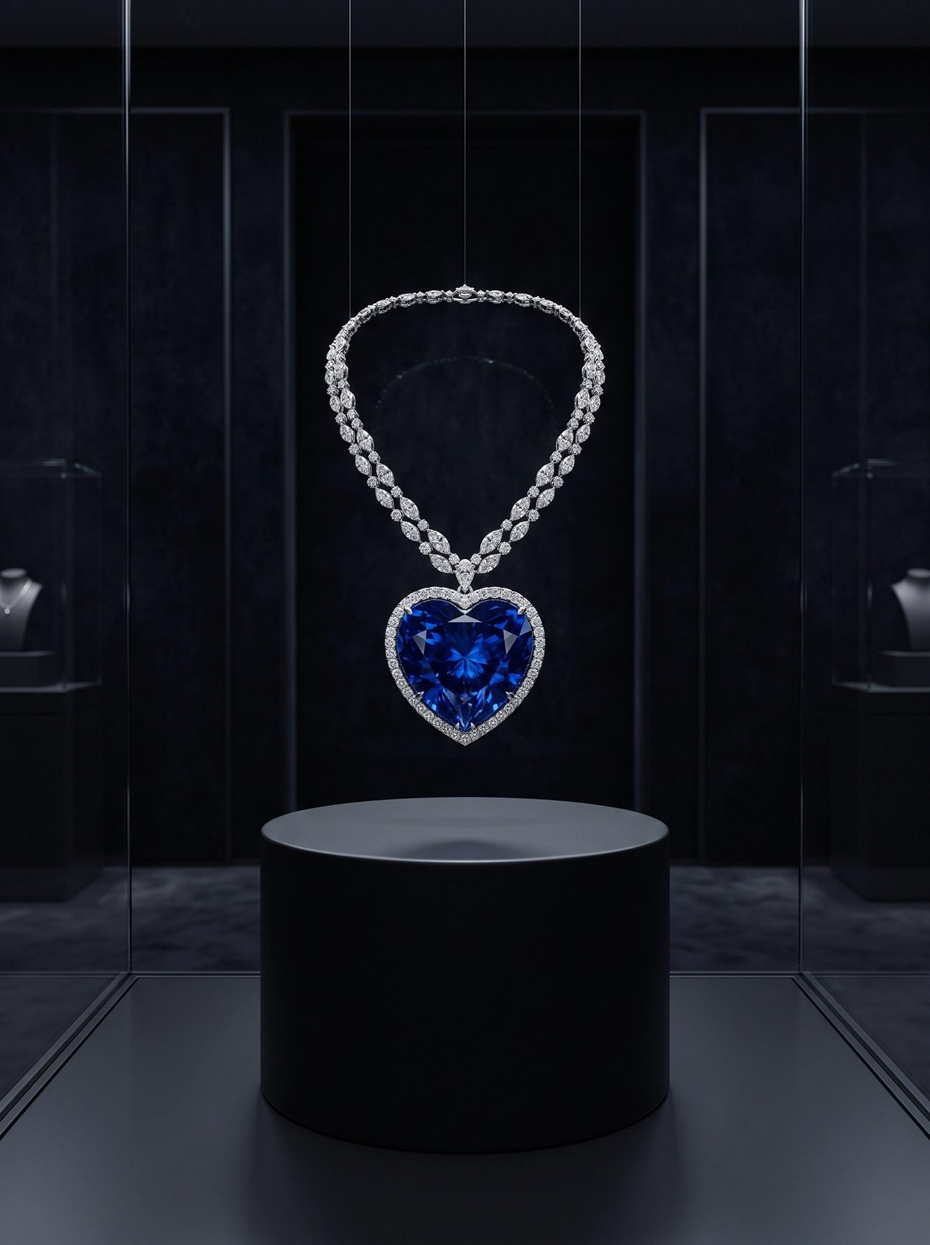 Collier au pendentif bleu en forme de cœur suspendu dans une vitrine contemporaine, photographie Fine Art inspirée d'un bijou iconique du cinéma romantique.
