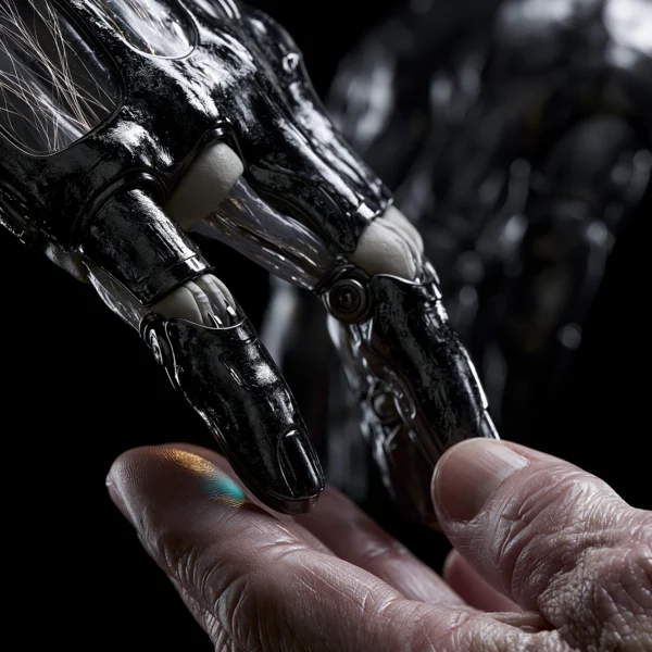 Le Contact — main robotique rencontrant une main humaine, art mural premium