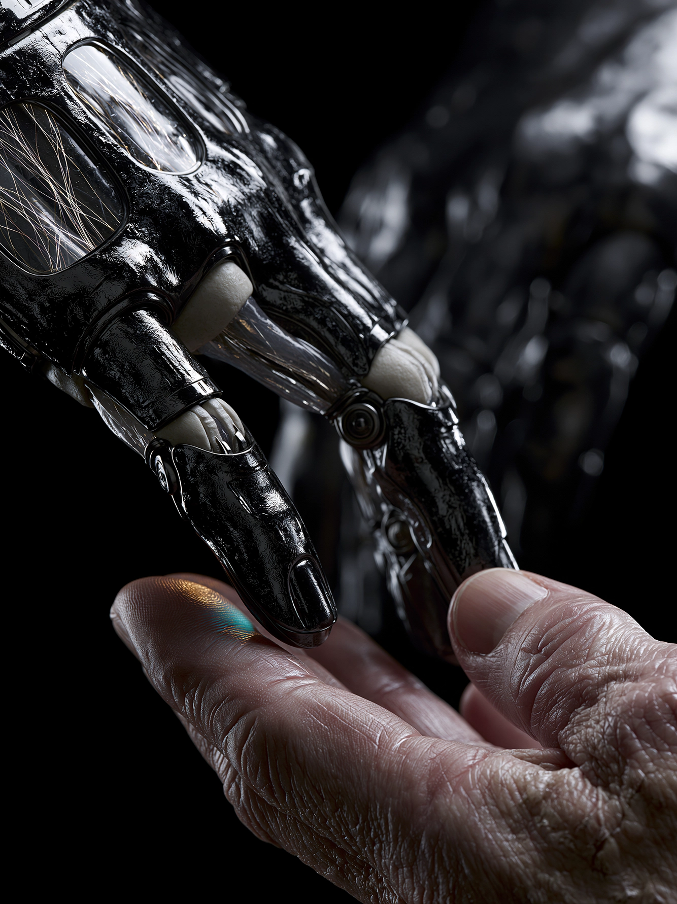 Le Contact — main robotique rencontrant une main humaine, art mural premium
