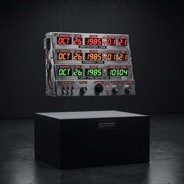 Panneau de contrôle temporel lumineux en lévitation au-dessus d'un socle noir dans une galerie contemporaine, photographie Fine Art inspirée d'un objet iconique du cinéma de science-fiction.