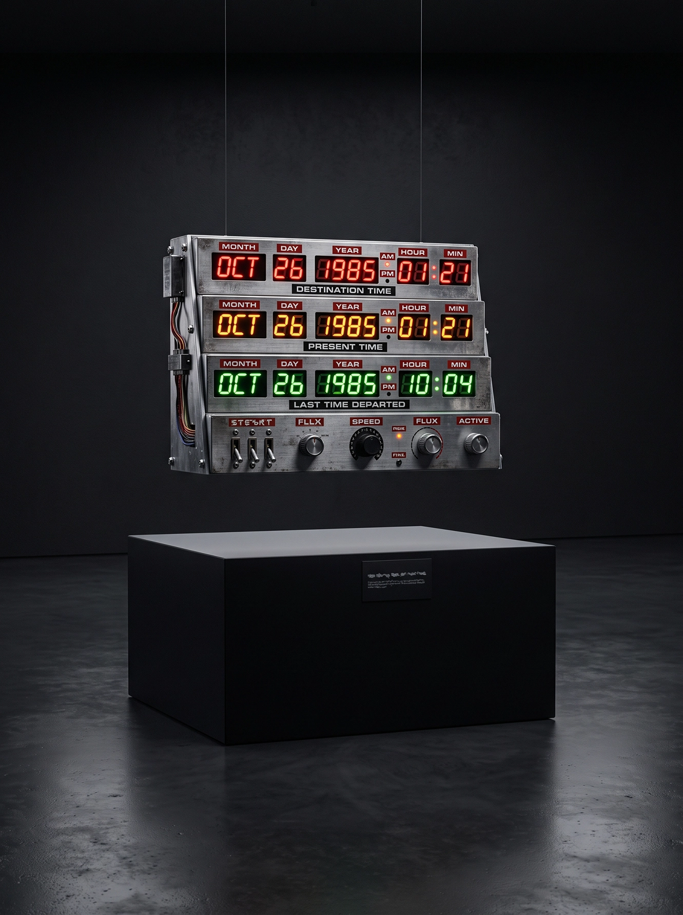 Panneau de contrôle temporel lumineux en lévitation au-dessus d'un socle noir dans une galerie contemporaine, photographie Fine Art inspirée d'un objet iconique du cinéma de science-fiction.