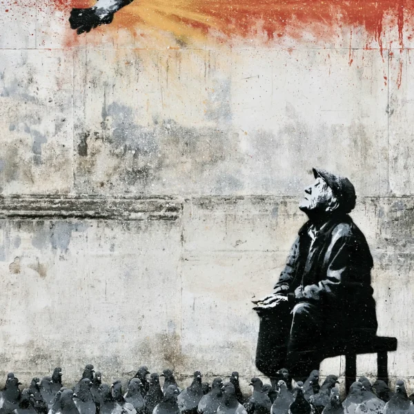 Le Dernier Messager, tableau style Banksy représentant un vieil homme regardant une colombe lumineuse au-dessus d'un groupe de pigeons.