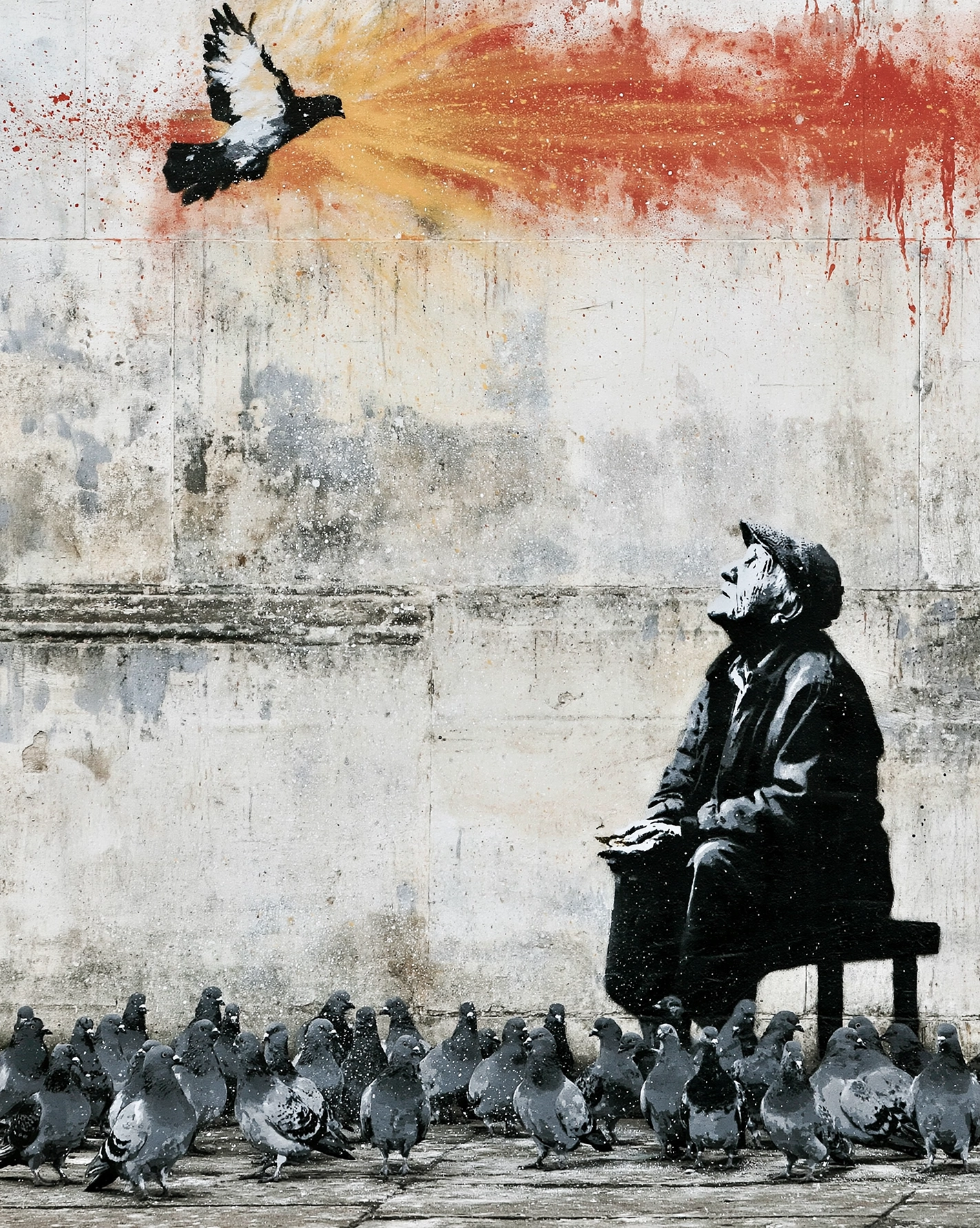 Le Dernier Messager, tableau style Banksy représentant un vieil homme regardant une colombe lumineuse au-dessus d'un groupe de pigeons.