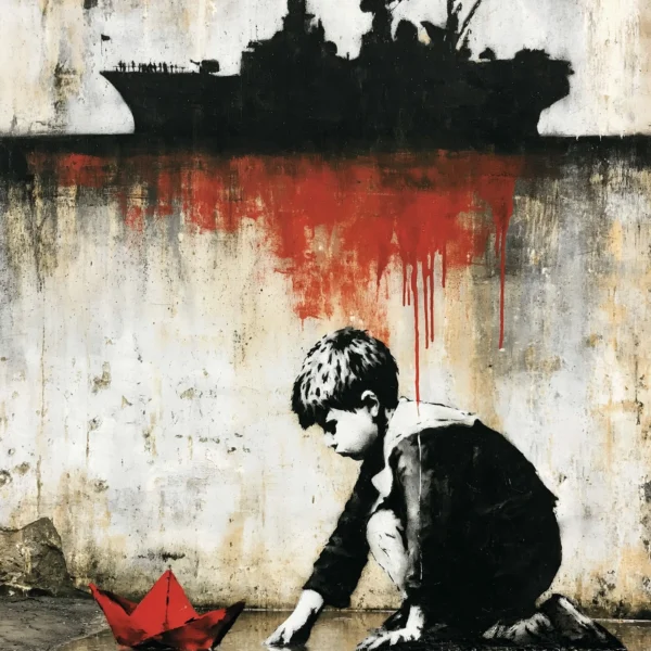 Le Dernier Voyage, tableau style Banksy représentant un enfant faisant naviguer un bateau en papier rouge sous l'ombre d'un navire militaire.