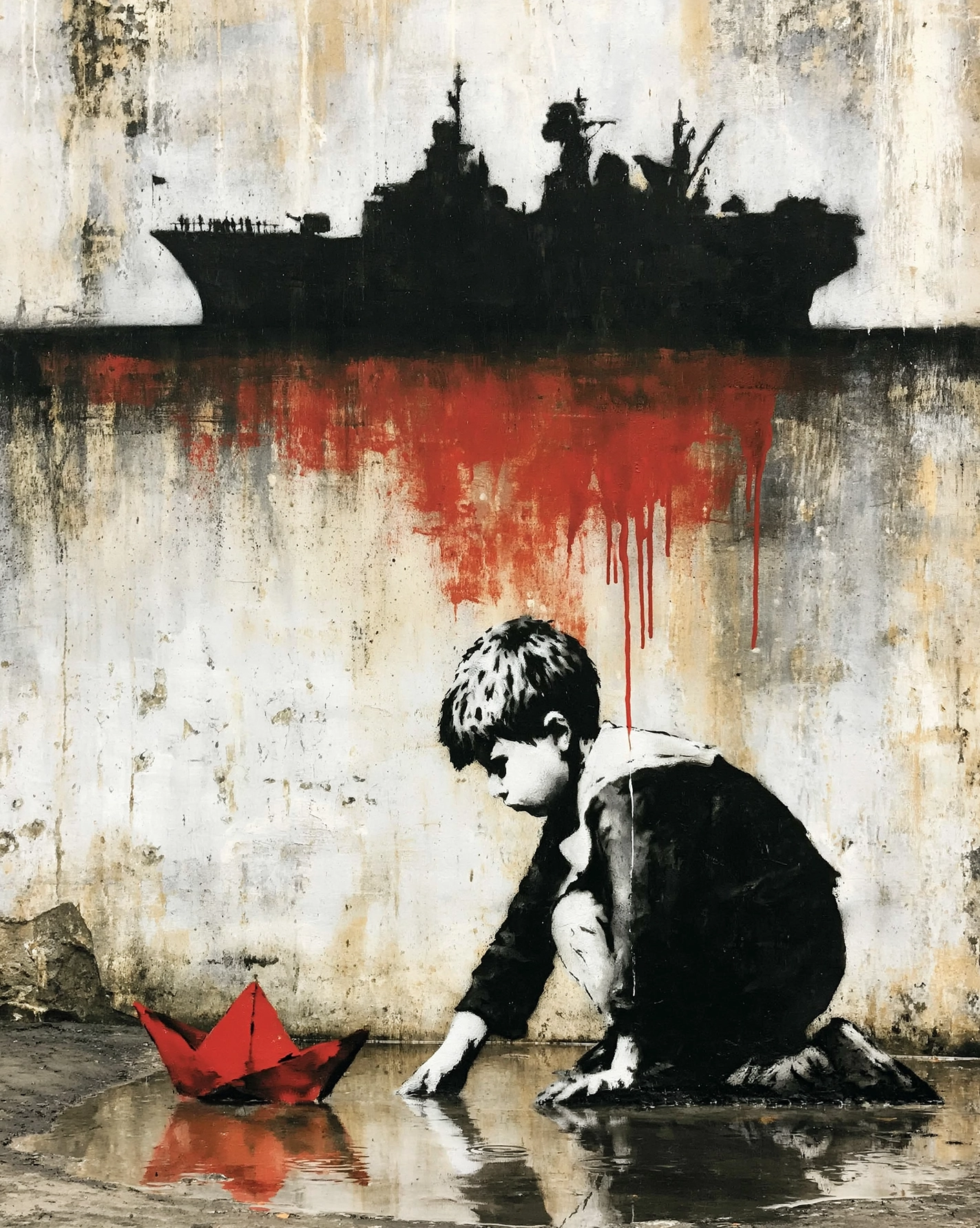 Le Dernier Voyage, tableau style Banksy représentant un enfant faisant naviguer un bateau en papier rouge sous l'ombre d'un navire militaire.