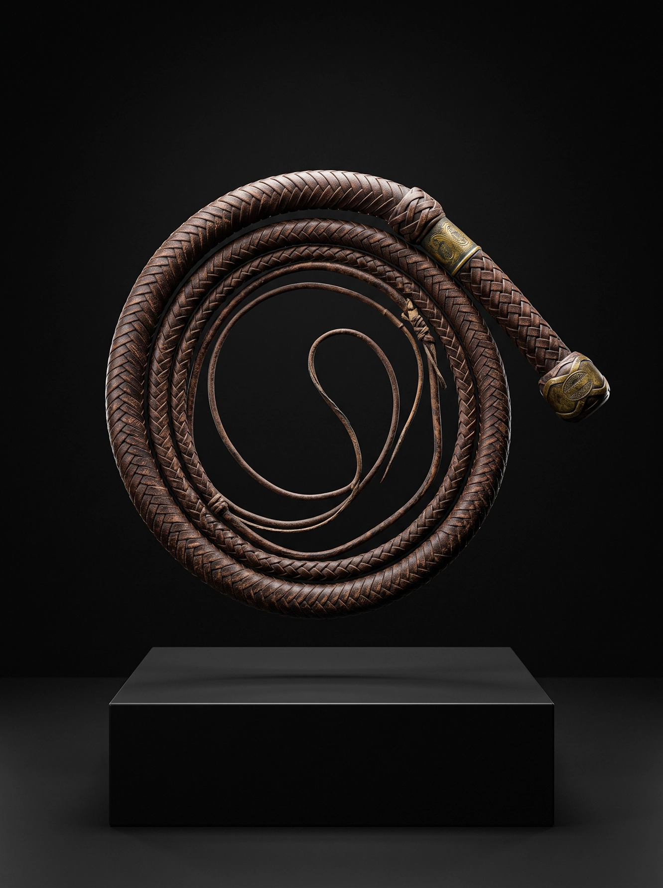 Fouet en cuir patiné présenté en lévitation au-dessus d'un socle noir dans une galerie contemporaine, photographie Fine Art inspirée d'un objet iconique du cinéma d'aventure.