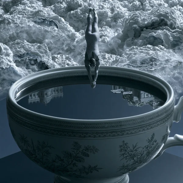 Le Grand Plongeon — plongeuse pénétrant une tasse monumentale suspendue dans les nuages, art mural premium