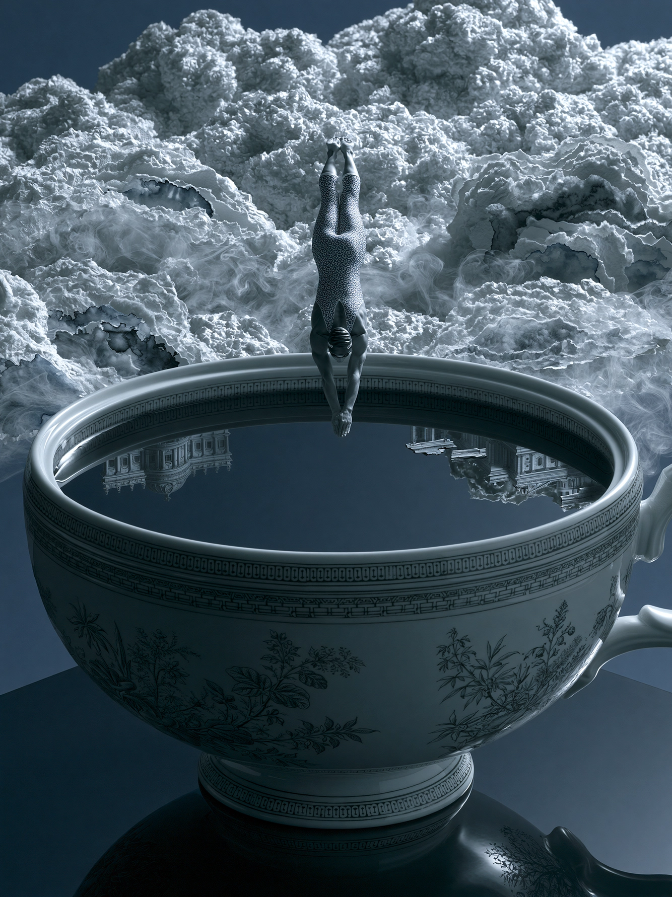 Le Grand Plongeon — plongeuse pénétrant une tasse monumentale suspendue dans les nuages, art mural premium