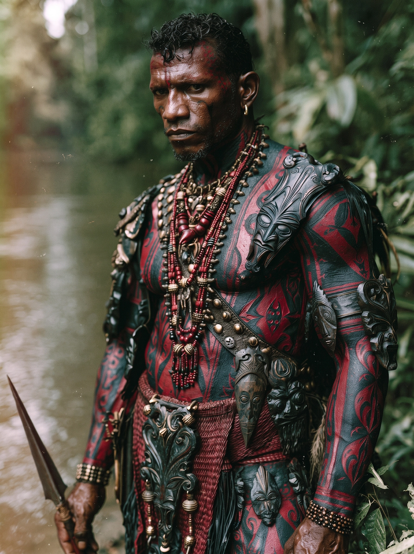 Le Guerrier Écarlate — portrait corps peint aux pigments rouges et motifs graphiques traditionnels, art mural premium