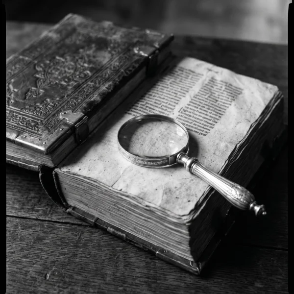 Le Manuscrit — livre ancien aux pages patinées et loupe en argent, nature morte noir et blanc, art mural premium