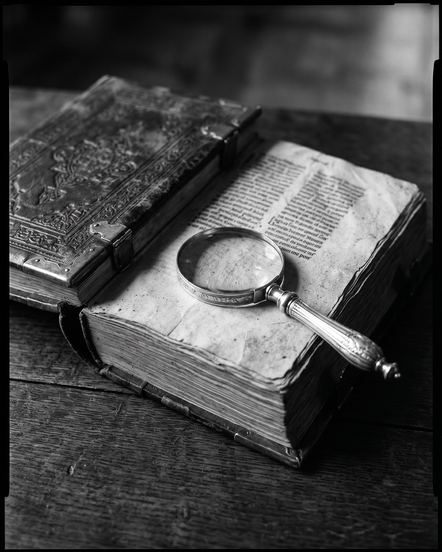 Le Manuscrit — livre ancien aux pages patinées et loupe en argent, nature morte noir et blanc, art mural premium