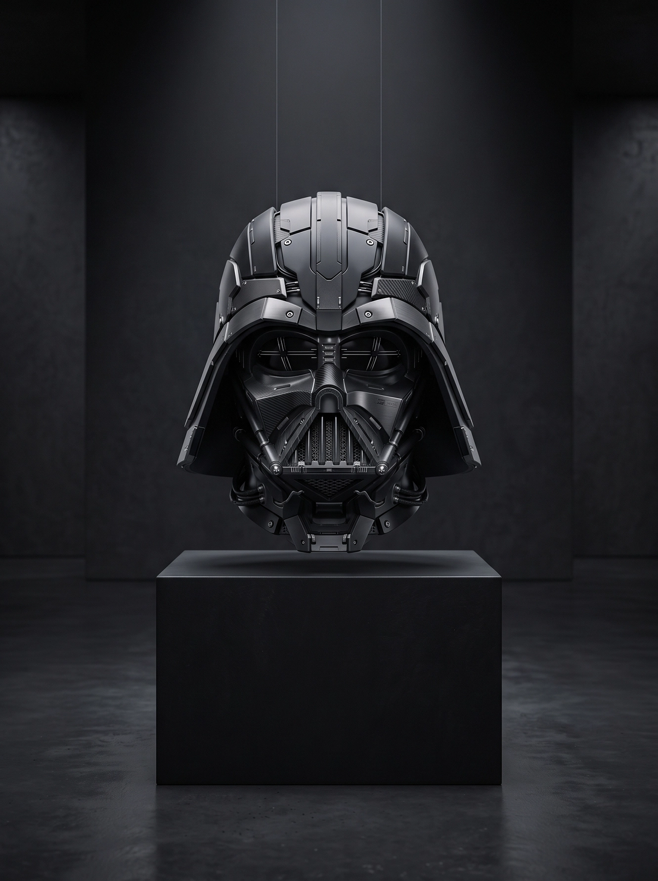 Casque noir futuriste suspendu au-dessus d'un socle dans une galerie minimaliste, photographie Fine Art inspirée d'un objet iconique du cinéma de science-fiction.