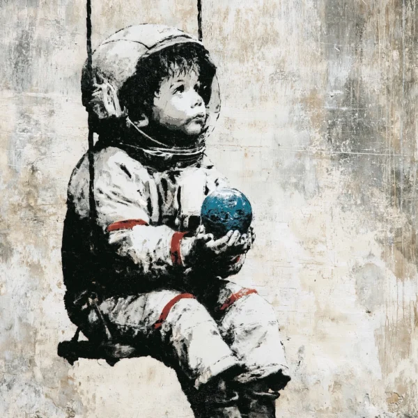 Le Petit Cosmonaute, tableau style Banksy représentant un enfant astronaute assis sur une balançoire tenant la planète Terre dans ses mains en street art au pochoir.