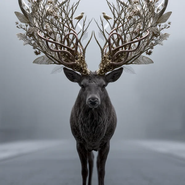 Tableau Le Roi Sylvestre — grand cerf aux bois ornés émergeant de la brume forestière