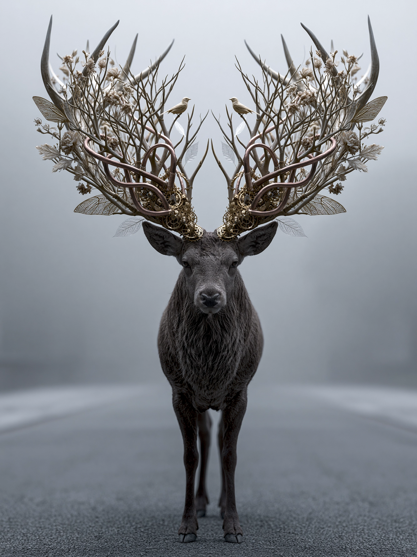 Le Roi Sylvestre — cerf monumental dont les bois deviennent une forêt miniature, art mural premium