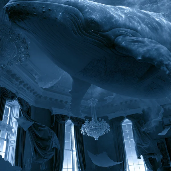 Le Salon des Profondeurs — baleine monumentale surgissant d'un salon ancien englouti, art mural premium