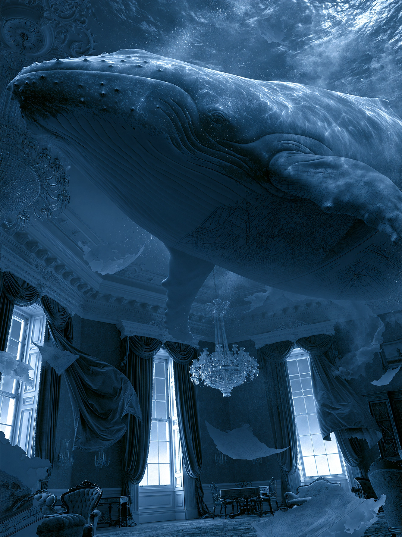Le Salon des Profondeurs — baleine monumentale surgissant d'un salon ancien englouti, art mural premium