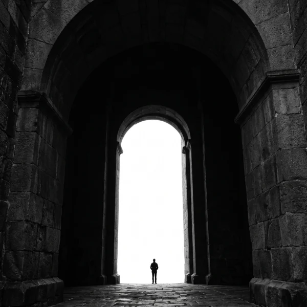 Le Seuil — silhouette solitaire dans une architecture de pierre monumentale aux arches, noir et blanc, art mural premium