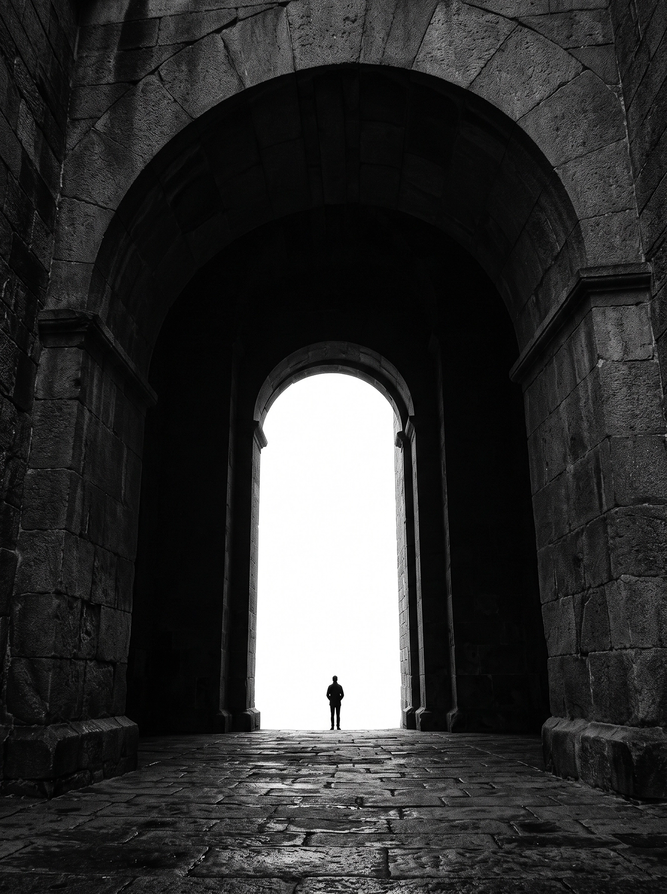 Le Seuil — silhouette solitaire dans une architecture de pierre monumentale aux arches, noir et blanc, art mural premium