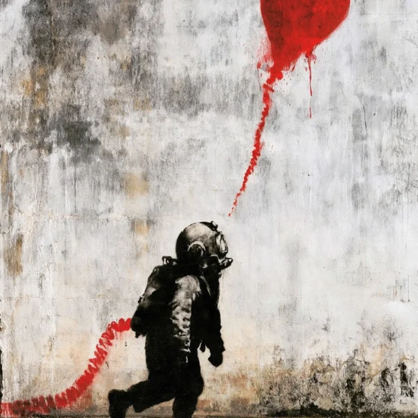 Le Souffle des Étoiles, tableau style Banksy représentant un jeune astronaute suivant un ballon rouge en street art au pochoir.