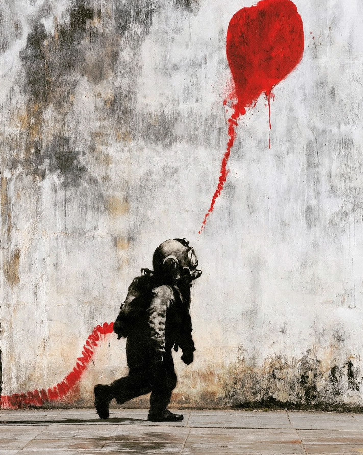 Le Souffle des Étoiles, tableau style Banksy représentant un jeune astronaute suivant un ballon rouge en street art au pochoir.