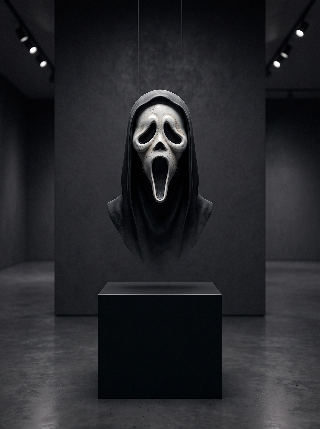 Masque blanc emblématique du cinéma d'horreur suspendu au-dessus d'un socle noir dans une galerie minimaliste, photographie Fine Art.
