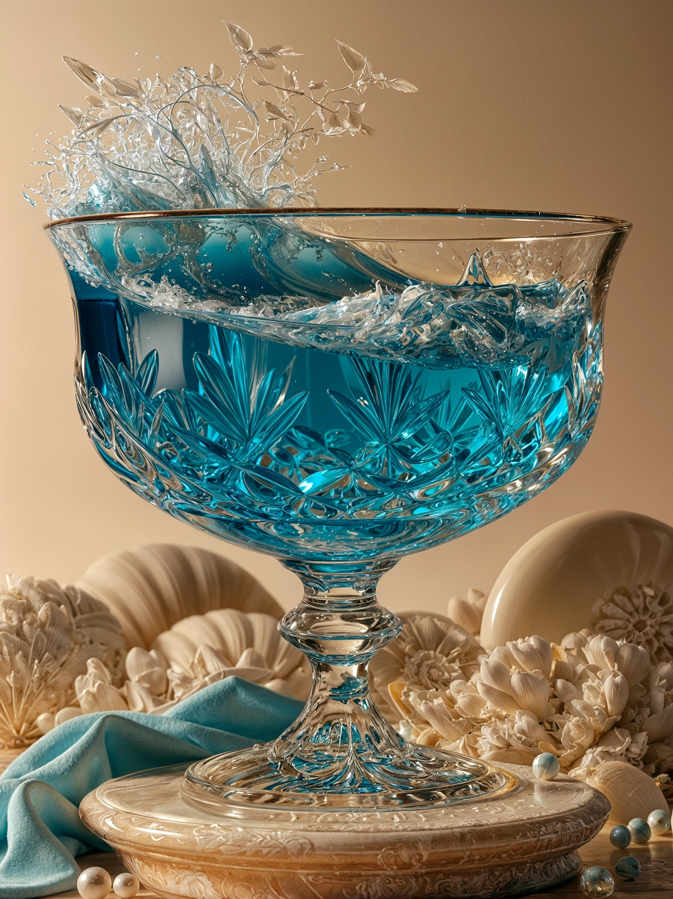 L'Éclat Azur — coupe en cristal remplie d'eau bleu intense dans une nature morte élégante, art mural premium