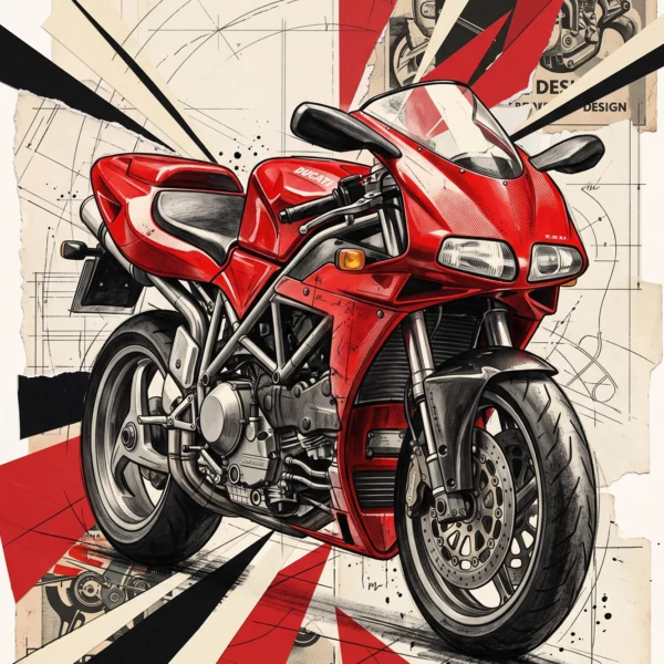 Légende Rouge — Ducati 916 en plans techniques et collages, lignes architecturales, art mural premium