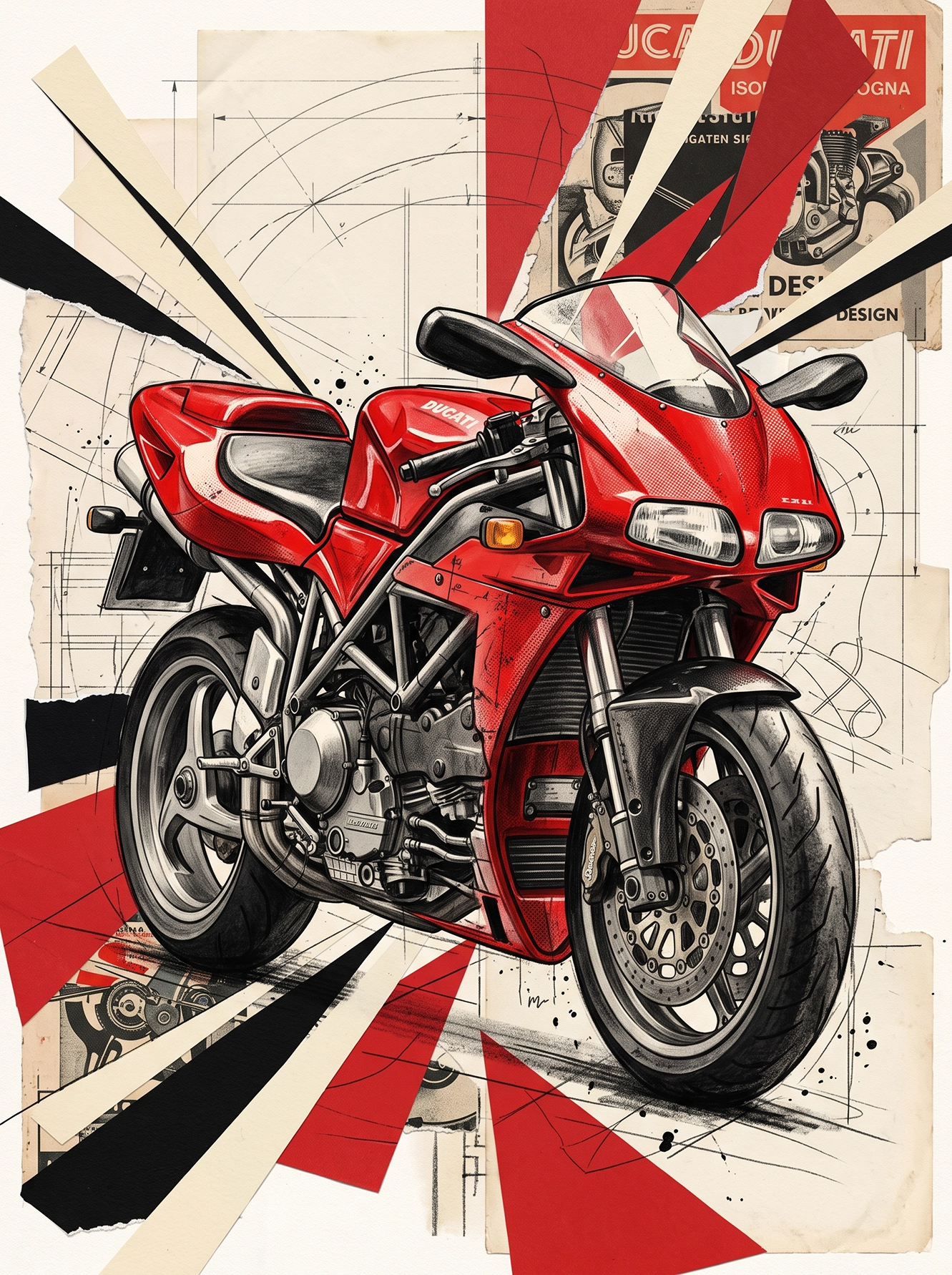 Légende Rouge — Ducati 916 en plans techniques et collages, lignes architecturales, art mural premium