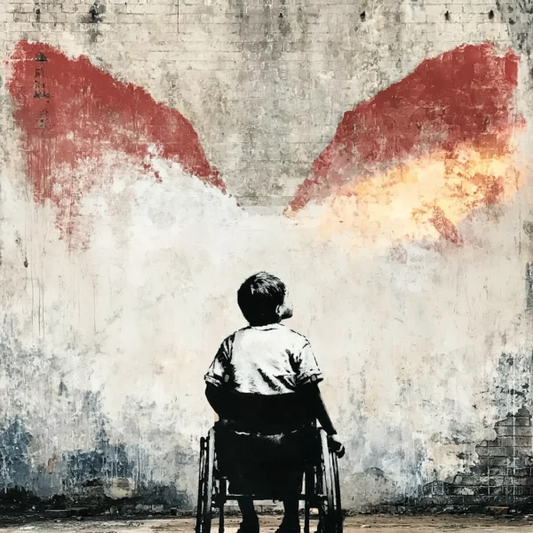 Les Ailes de l'Espoir, tableau style Banksy représentant un enfant en fauteuil roulant face à de grandes ailes rouges en street art au pochoir.