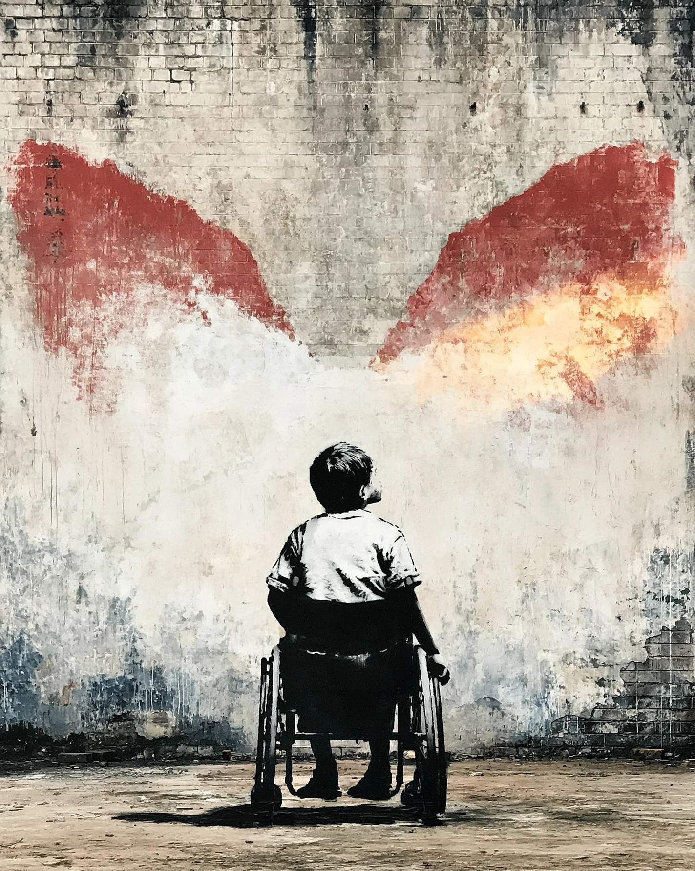 Les Ailes de l'Espoir, tableau style Banksy représentant un enfant en fauteuil roulant face à de grandes ailes rouges en street art au pochoir.