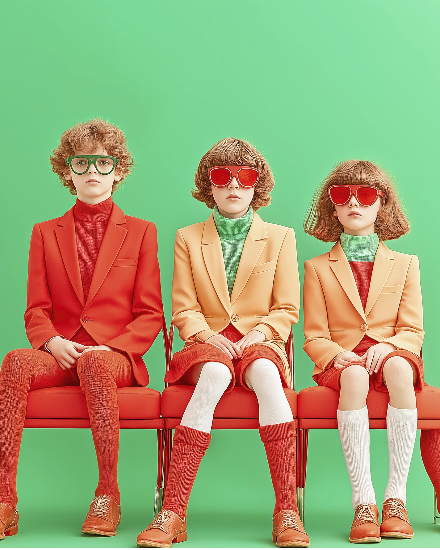 Les Trois Sages — trois enfants en style rétro orange, beige et vert, photographie de mode années 1970, art mural premium