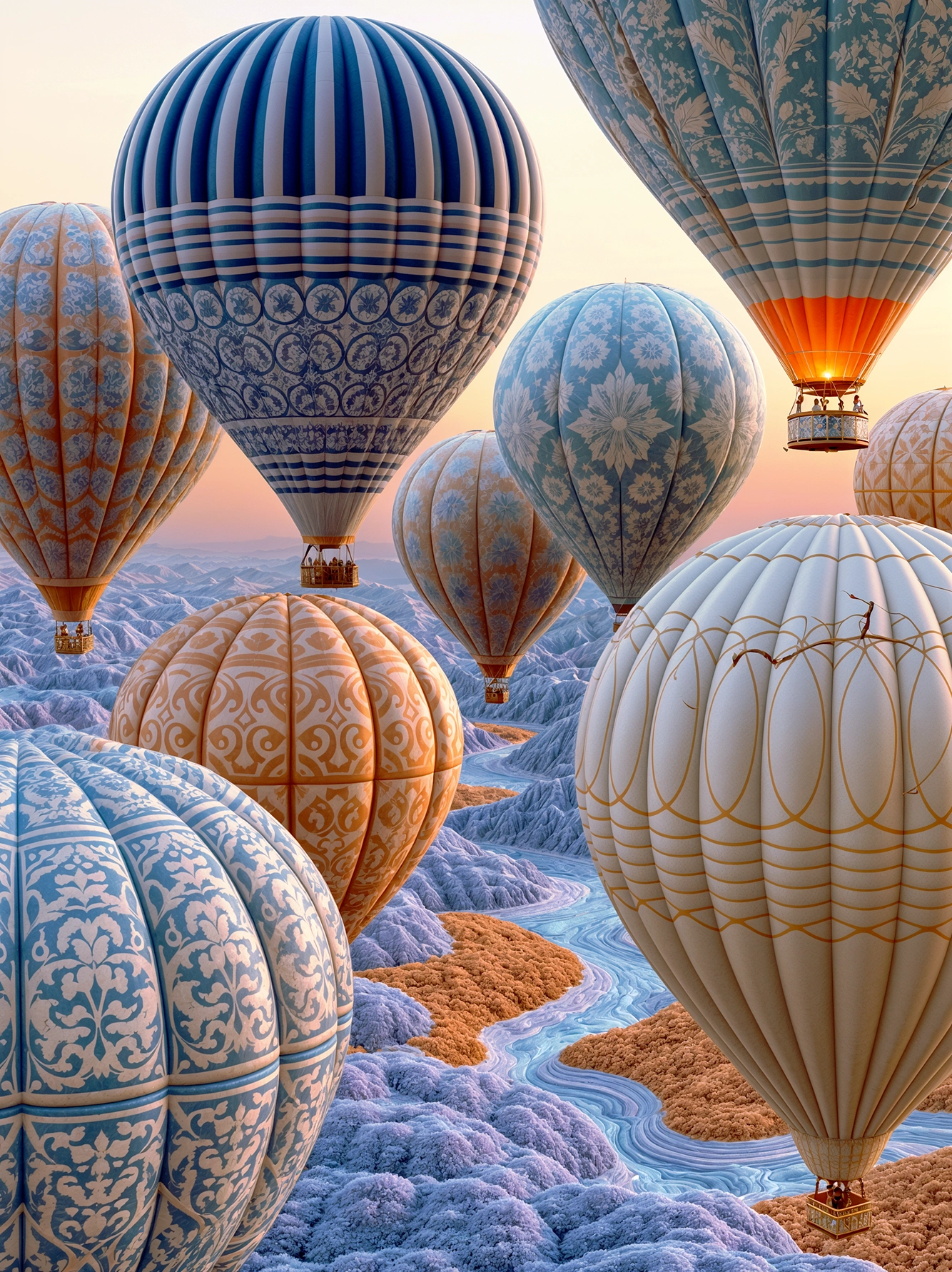 Les Voyageurs du Ciel — montgolfières décorées d'arabesques au-dessus d'un paysage textile pastel, art mural premium