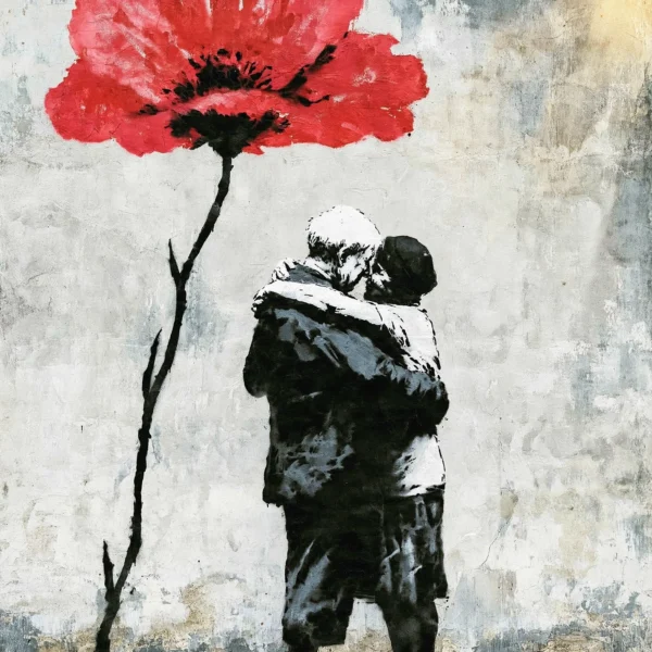 L'Étreinte Éternelle, tableau style Banksy représentant un couple enlacé sous une immense fleur rouge en street art au pochoir.