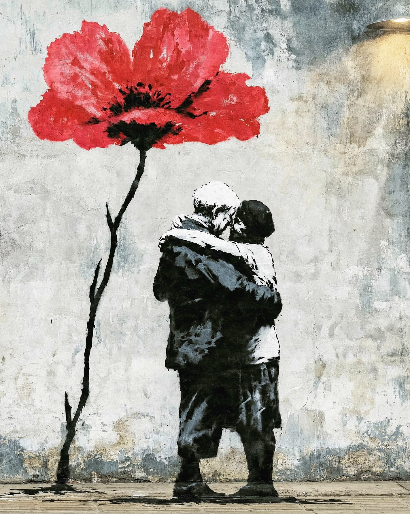 L'Étreinte Éternelle, tableau style Banksy représentant un couple enlacé sous une immense fleur rouge en street art au pochoir.