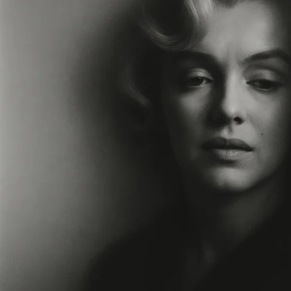 L'Icône Blonde — portrait noir et blanc glamour hollywoodien, ondulations dorées et regard baissé, art mural premium
