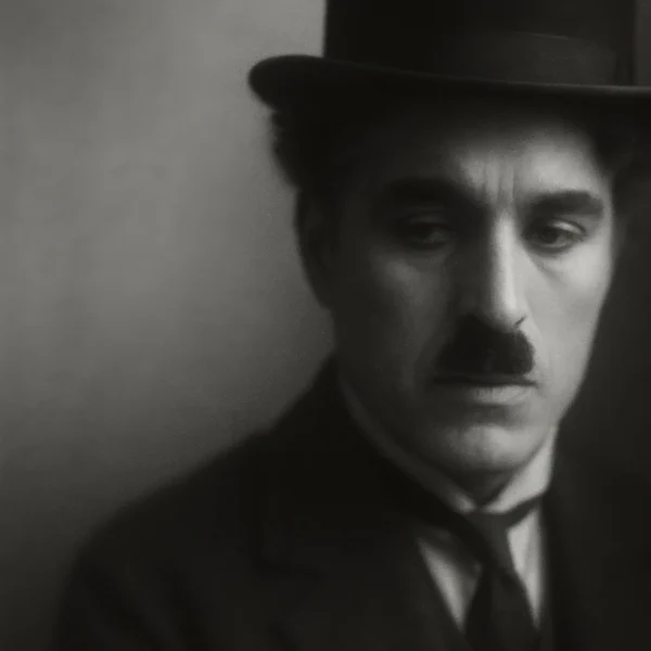 L'Icône du Muet — portrait noir et blanc cinéma muet, chapeau melon et moustache, hommage vintage, art mural premium