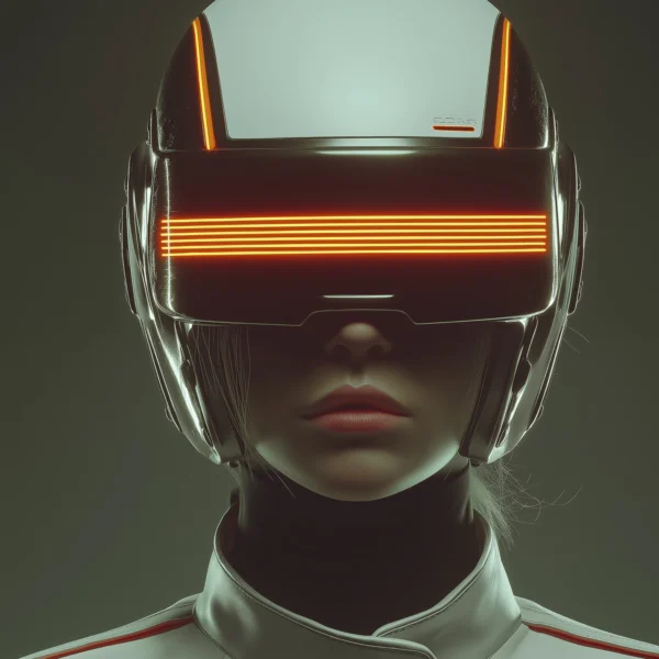 Ligne Horizon — femme au casque futuriste traversé de lignes lumineuses orange, style rétrofuturiste, art mural premium