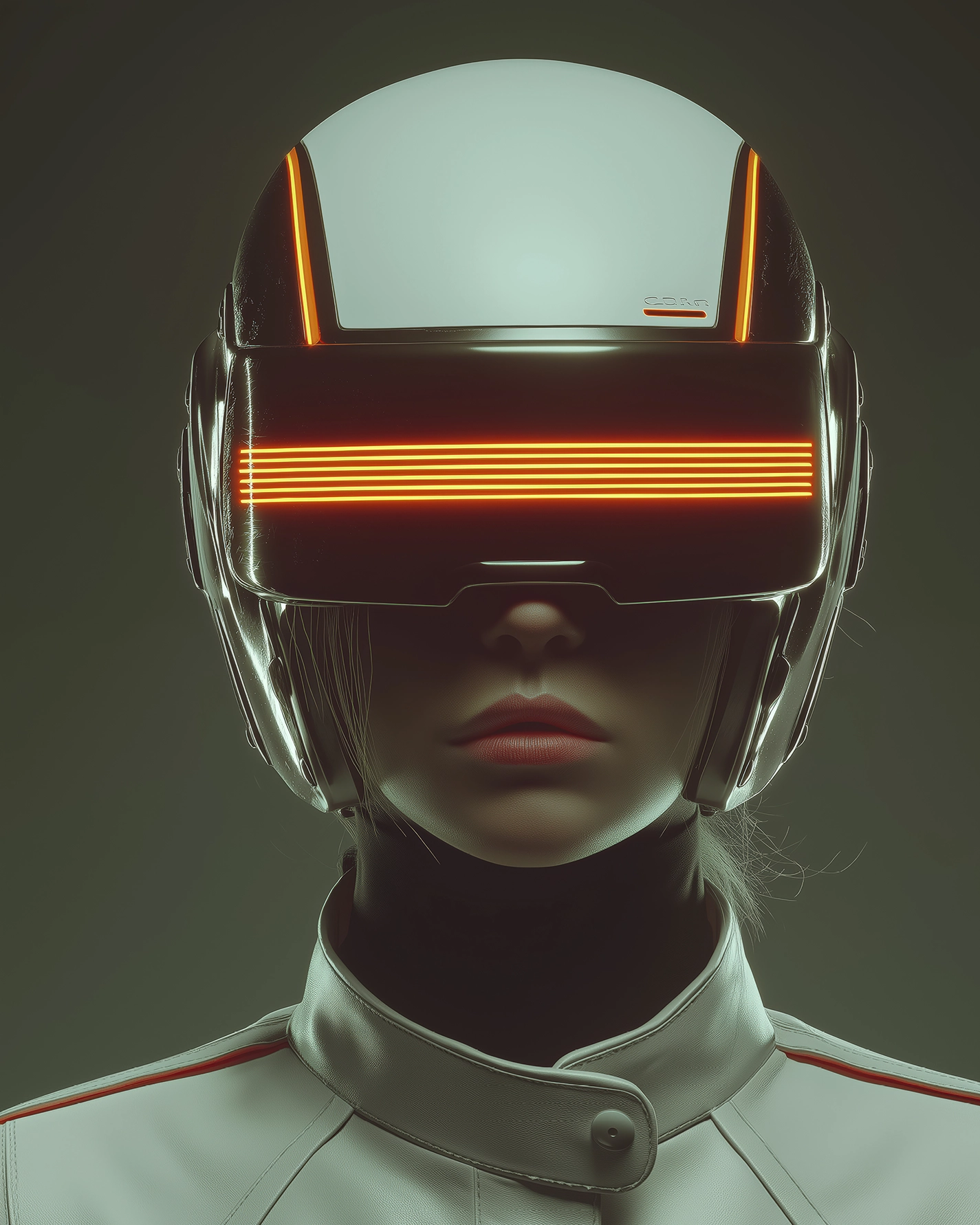 Ligne Horizon — femme au casque futuriste traversé de lignes lumineuses orange, style rétrofuturiste, art mural premium