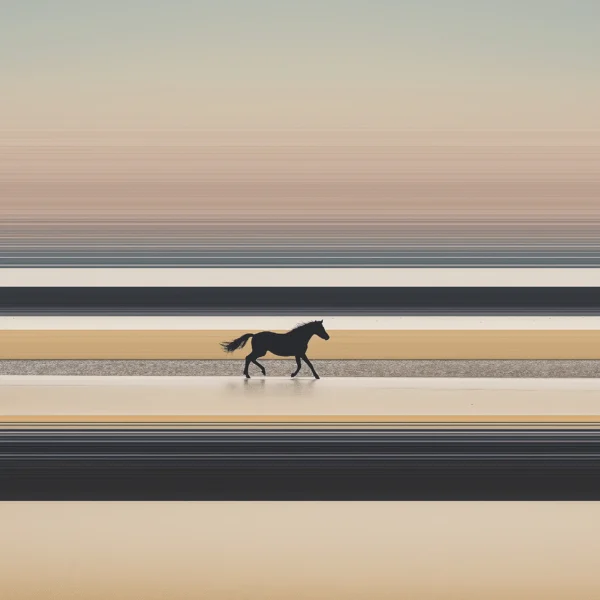 Lignes d'Horizon — Le Cheval au Galop, silhouette de cheval au galop sur horizon de bandes sable et anthracite, art mural premium